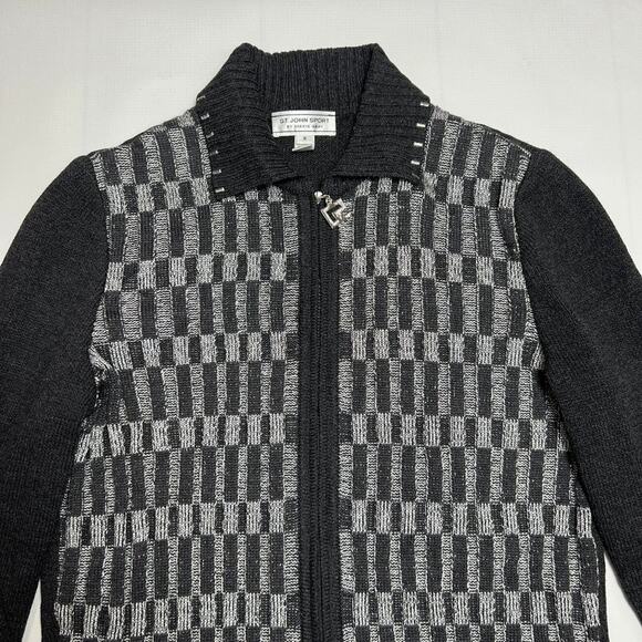 St John Sport Marie Gray Wool Jacket SIZE S Full Zip Studded Metallize Cardigan - Picture 9 of 12